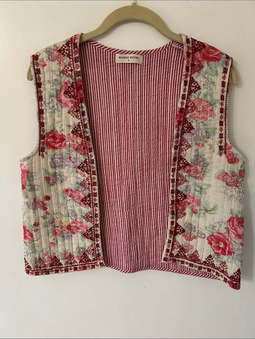 Maison Hotel Ramona Vest Pink Floral Quilted Embroidered Bohemian Shabby Chic